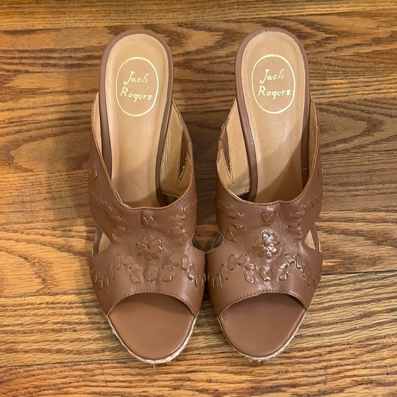 Jack Rogers Sophia Oak leather wedges sandals slip on brown sz 9.5M - Picture 1 of 10